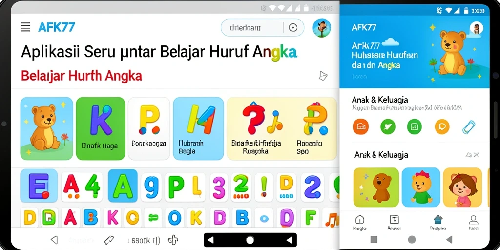 Antarmuka aplikasi AFK77 saat anak belajar huruf dan angka.