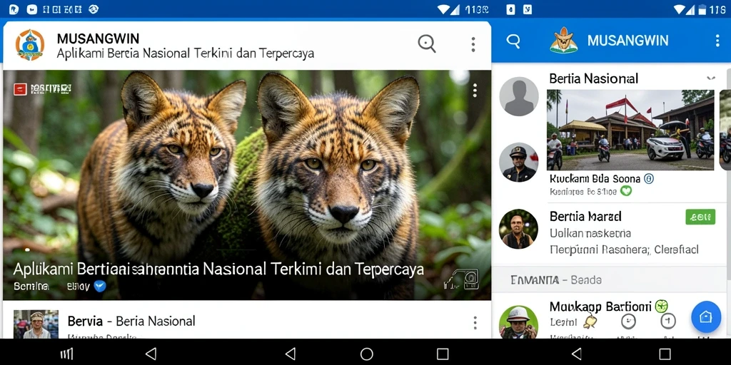 Tampilan antarmuka aplikasi MUSANGWIN dengan berbagai kategori berita nasional.